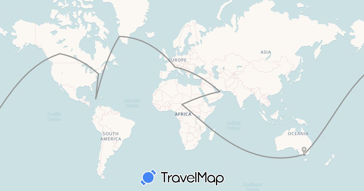 TravelMap itinerary: plane in United Arab Emirates, Australia, Canada, Switzerland, Greenland, Jamaica, Chad, United States (Africa, Asia, Europe, North America, Oceania)